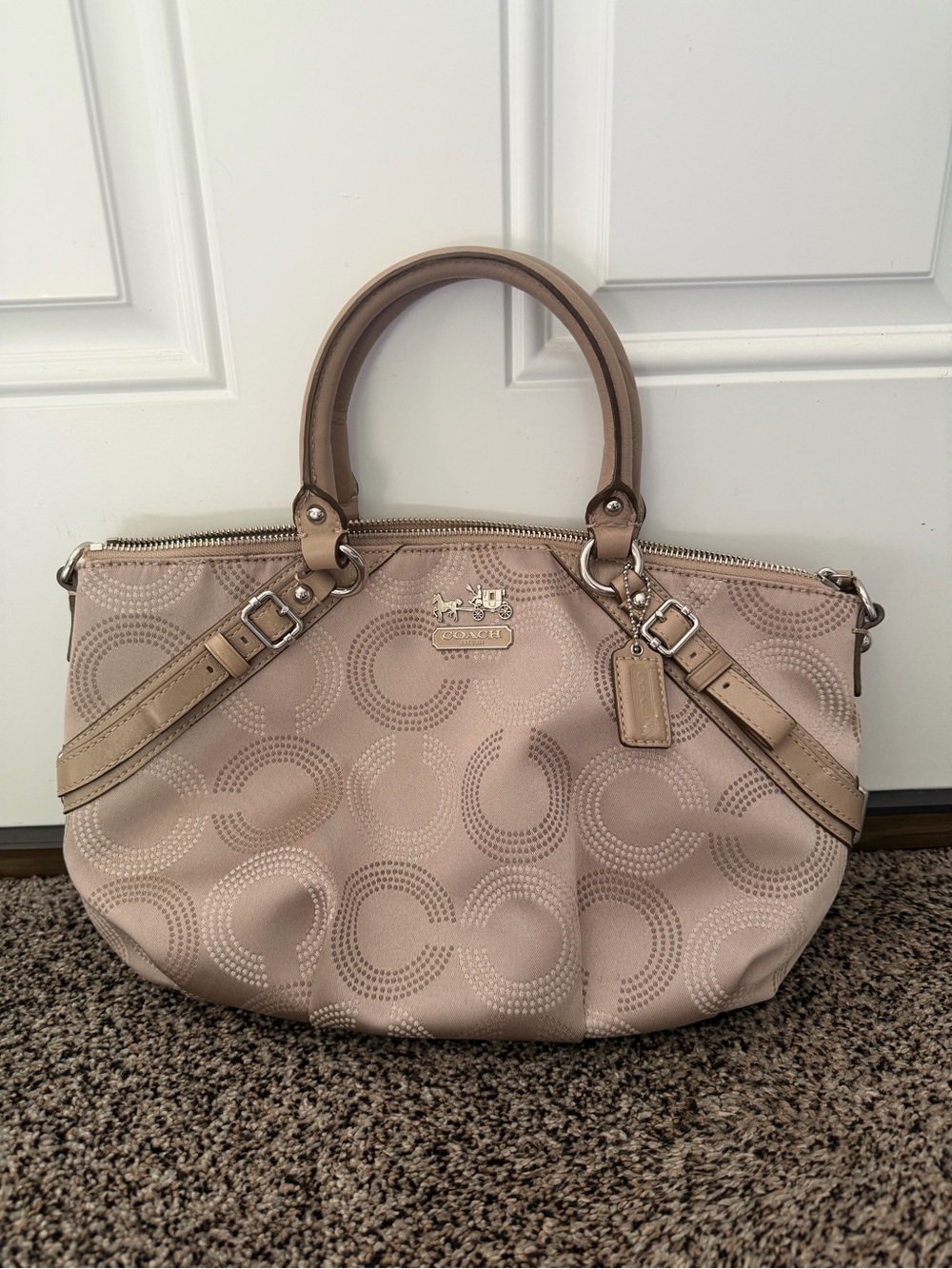 Coach Madison Op Art Sateen Satchel Beige Taupe Shoulder Bag